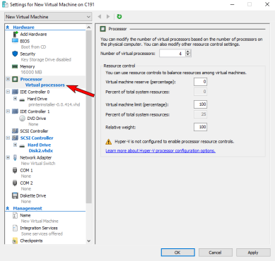 Settings tab with Processor selected, and processor count changed to four.